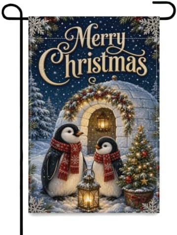 Christmas Penguin Garden Flag 12x18 Inch Merry Holiday Igloo Lantern Tree Snowflake Navy Winter Rustic Outdoor Yard Lawn Porch Farmhouse Double Sided Banner Welcome Decor