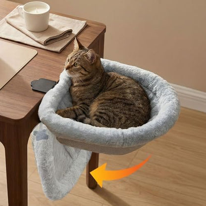 Cat Desk Bed - One-Click Folding Space-Saving Design, Desk Cat Bed with Soft Faux Rabbit Fur Cover & Breathable Mesh Fabric, Cat Hammock Supports up to 66 lbs, Remote Workers Home Gaming