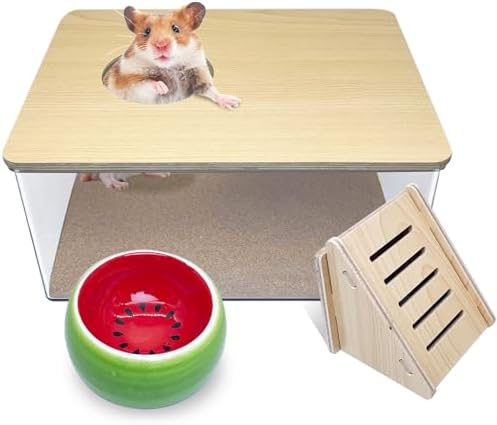 PINVNBY Hamster Sand Bath Box, Transparent Acrylic Sand Bath Shower, Gerbils Digging Room Container with Climbing Ladder and Ceramic Bowl, Litter Box for Hamsters Guinea Pigs Mice (Rectangle)