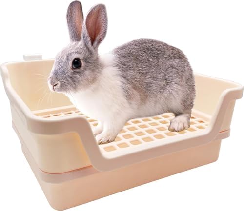 PINVNBY Extra Large Rabbit Litter Box Small Animal Potty Trainer Huge Bunny Litter Pan Plastic Pet Corner Toilet with Mash for Adult Guinea Pigs Chinchillas Ferrets (Beige)