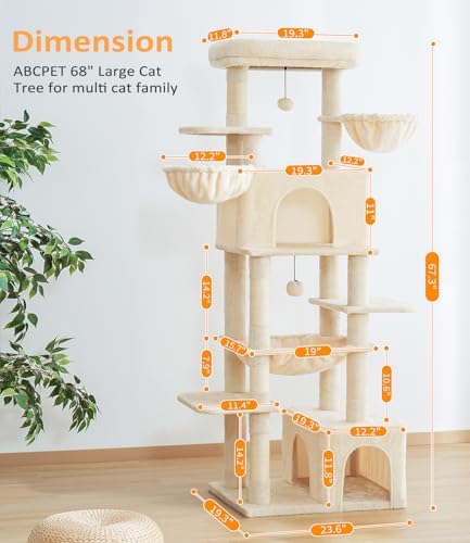 ABCPET Cat Tree Large Cat Tower Tree 68" Multi-Level Cat Tower for Indoor Cats with Sisal Scratching Posts, Widen Cat Perche, Square Hammock, 2 Widen Condos, Scratching Posts, Beige