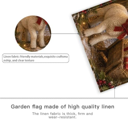 Christmas Lamb House Flag 28x40 Inch Merry Holiday Sheep Bow Wheelbarrow Gifts Stable Lantern Snowy Rustic Farmhouse Outdoor Yard Lawn Porch Double Sided Banner Welcome Decor