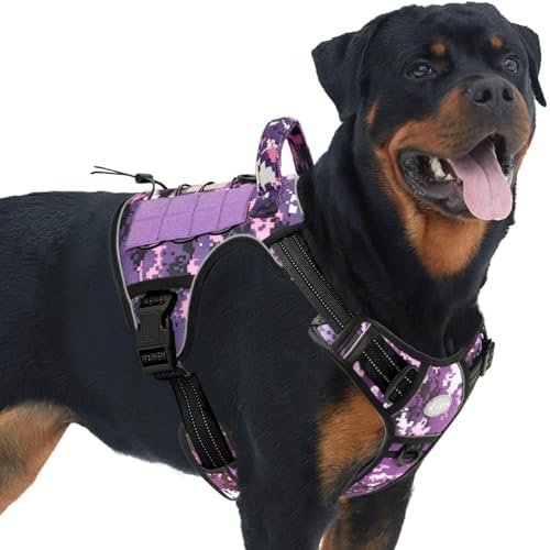 Auroth Tactical Dog Harness for Small Medium Large Dogs No Pull Adjustable Pet Harness Reflective K9 Working Training Easy Control Pet Vest Military Service Dog Harnesses (L, Purple Camo)