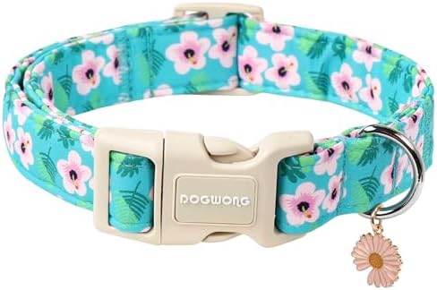 DOGWONG Spring Pink Floral Cotton Dog Collar for Small Medium Large Dogs M