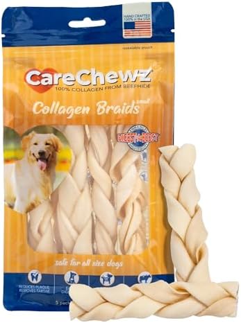 Pet Factory - CareChewz Beef Collagen Dog Treats (Pack of 5, 6-7 inch Skinny Braid Sticks), USA Made Beefhide Dog Chews, Support Joints, Dental Health, Reduce Inflammation & Promote Healthy Coats