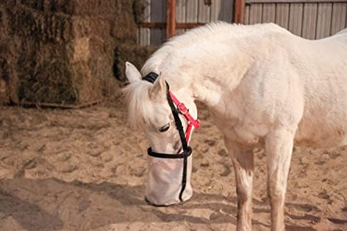 Majestic Ally Horse Feed Bag, Heavy Duty Nylon Mesh Grain Feed Bag, Adjustable Strap with Durable Snap and Elastic Straps, Comfort Neck Pad and Nose Pad- Large (Pony, Dark Gray)