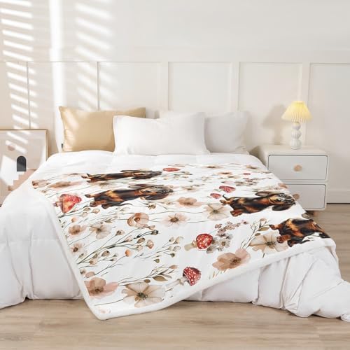 Erosebridal Kids Dachshund Blankets and Throws 60"x80",Mushroom Dachshund Blanket Throw for Girls Women,Kawaii Puppy Dog Fleece Blanket Farmhouse Rustic Floral Sherpa Blanket for Bedroom Decor