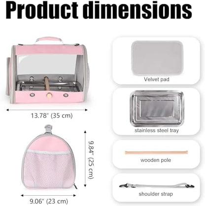 Bird Carrier, Portable Small Bird Parrot Parakeet Carrier with Standing Perch and Stainless Steel Tray, Side Access Window Collapsible (Pink, Cylinder Design - Clear)