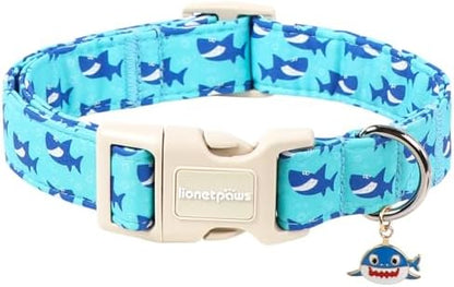 Lionet Paws Blue Dog Collar Summer Ocean Collars with Cute Sharks Pattern Pendant - Female Male Boy Dog Collar for Medium Large Dogs L