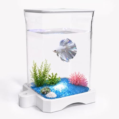0.5 Gallon Betta Fish Tank Aquarium Starter Kit with Light and Lid(White)