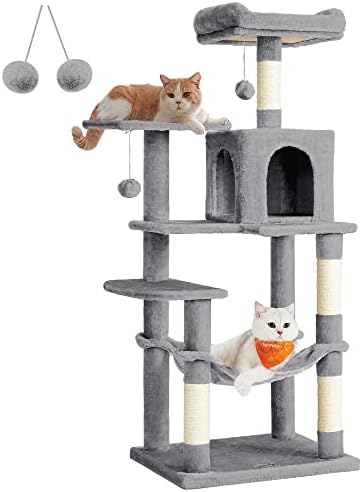 Feandrea Cat Tree, 54.2-Inch Cat Tower, Multi-Level Condo, Light Gray