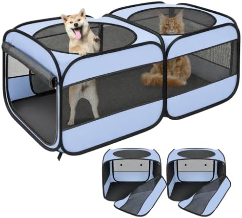 2-in-1 Pop Up Cat Playpen, Detachable into 2 Separate Pens with Additional Doors, Assembly-Free Portable Dog Crates Pet Pen Tent Kennel Kitten Puppy Enclosure Cage Indoor Outdoor Foldable Condo(M)