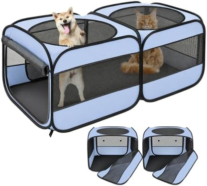 2-in-1 Pop Up Cat Playpen, Detachable into 2 Separate Pens with Additional Doors, Assembly-Free Portable Dog Crates Pet Pen Tent Kennel Kitten Puppy Enclosure Cage Indoor Outdoor Foldable Condo(M)