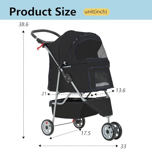 FDW Pet Stroller 3-Wheel Durable Foldable Cat Dog Stroller with Washable Liner Storage Basket Cup Holder,Dark Black