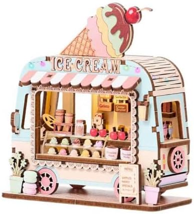 DIY Mini Wooden House Model Kit with LED Light, Magnetic Back Miniature Scene Decor, Compact Handmade Craft Ornament for Fridge Desktop Gift (Ice Cream)