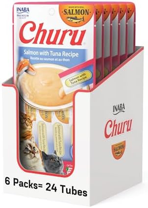 INABA Salmon Churu Cat Treats, Lickable, Squeezable Creamy Purée Cat Treat with Green Tea Extract & Taurine, 0.5 Ounces Each Tube, 24 Tubes (4 per Pack), Salmon with Tuna Recipe