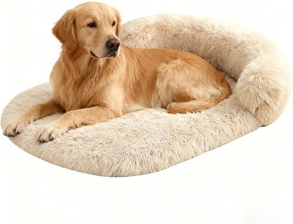 Orthopedic Dog Bed with Egg-Crate Base, Calming Dog Beds Fluffy Plush Faux Fur with Raised Edges, Spine Friendly Pet Sleeping Mat for Medium Large Dogs, Machine Washable (Oval, Beige 40"x30")
