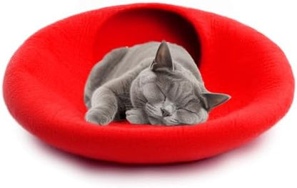 Woolygon Premium Felt Cat Cave Bed – Wool Kitty Beds Handcrafted Kitten Caves Bed for Indoor Cats - Made from Merino Wool, Foldable Cat Hideaway Covered Cat House Pod (Red Plain)