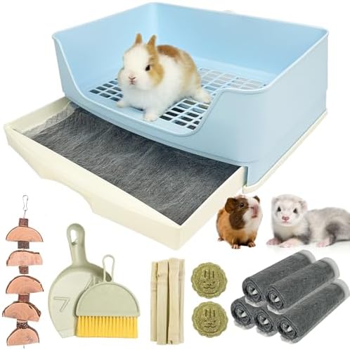 RUBYHOME Oversize Rabbit Litter Box with Drawer, Corner Toilet Box with Grate Potty Trainer, Bigger Pet Pan for Adult Guinea Pigs, Chinchilla, Ferret, Galesaur, Small Animals, 16.9 inch Long (Blue)