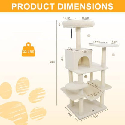 DORTALA Cat Tree for Indoor Cats, 58" Tall Cat Tower with Top Perch, Condo, Hammock, Sisal Scratching Posts, 3 Dangling Balls, Platforms, Multi-Level Pet Climbing Furniture Playground (Beige)