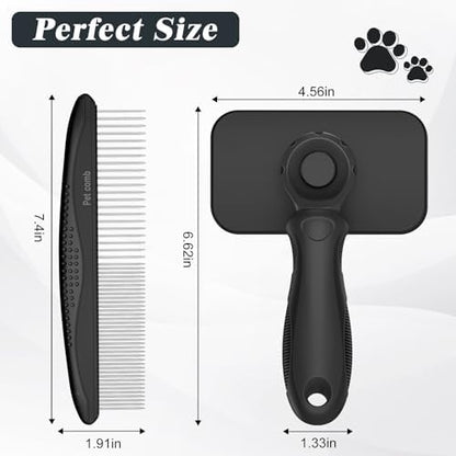 2PCS Self Cleaning Slicker Brush & Dog Comb - Skin Friendly Deshedding Grooming Tool for Dogs, Cats and Small Animals, Professional Deshedding Dematting Tool for Long and Short Haired Pets (Black)