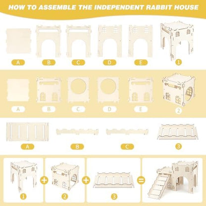 BWOGUE Wooden Bunny Castle Hideout, Extra Large Bunny House with Stairs