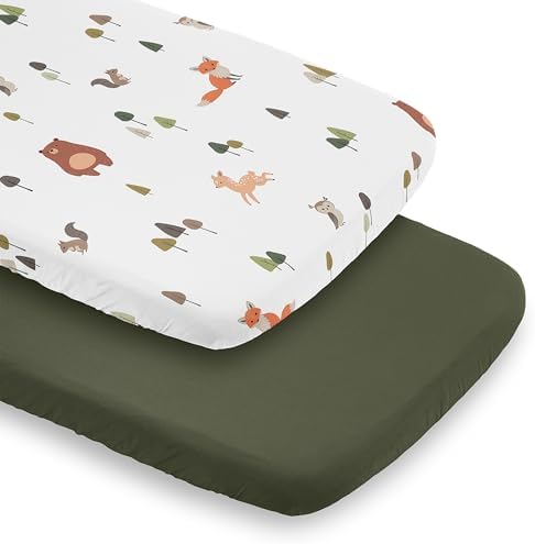 Sweet Jojo Designs 2-Piece Baby Bassinet Sheets Set (Woodland Animals) for Girls & Boys, Infant Nursery, Toddler Room - Oval Rectangle Hourglass Mattress (Solid Green & Watercolor, Forest Friend, Fox)