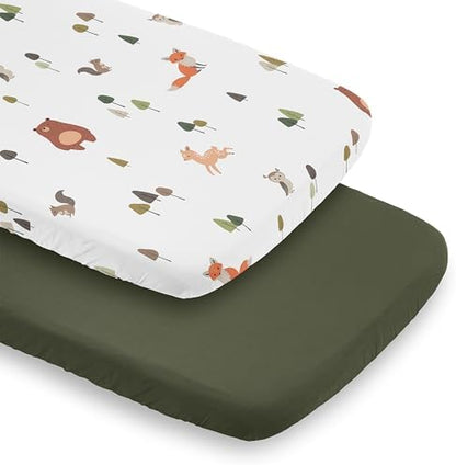 Sweet Jojo Designs 2-Piece Baby Bassinet Sheets Set (Woodland Animals) for Girls & Boys, Infant Nursery, Toddler Room - Oval Rectangle Hourglass Mattress (Solid Green & Watercolor, Forest Friend, Fox)