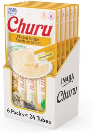 INABA Churu Cat Treats, Lickable, Squeezable Creamy Purée Cat Treat with Green Tea Extract & Taurine, 0.5 Ounces Each Tube, 24 Tubes (4 per Pack), Chicken Recipe