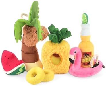 P.L.A.Y. Cute Plush Dog Toys - Tropical Paradise Summer Pool Themed Durable Squeaker Chew Toys, Great for Puppies & Small, Medium, Large Dogs - Machine Washable, Recycled Materials (5 Piece Set)