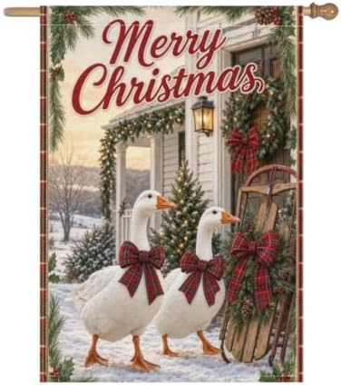 Christmas Goose House Flag 28x40 Inch Merry Holiday White Geese Plaid Bows Sled Tree Snowy Rustic Farmhouse Outdoor Yard Lawn Porch Double Sided Banner Winter Welcome Decor