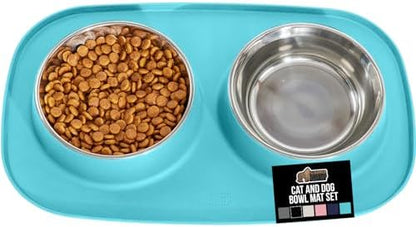 GORILLA GRIP Dog Bowl with Feeding Mat, 304 Stainless Steel 2 Cup Turquoise