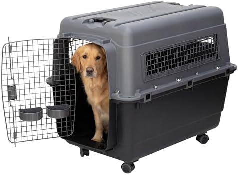 SportPet Airline Compliant X-LARGE 35.5" Travel Dog Kennel-Durable Plastic Airline Pet Carrier w/Removable Wheels & Food Bowls, Collapsible Indoor/Outdoor Dog Kennel, Dogs up to 32"L & 23"H-Dark Gray
