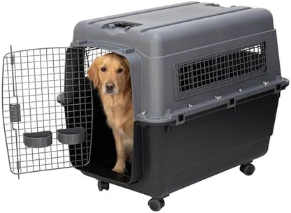 SportPet Airline Compliant X-LARGE 35.5" Travel Dog Kennel-Durable Plastic Airline Pet Carrier w/Removable Wheels & Food Bowls, Collapsible Indoor/Outdoor Dog Kennel, Dogs up to 32"L & 23"H-Dark Gray