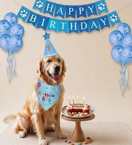 Dog Birthday Party Supplies, Dog Birthday Bandana Set, Blue