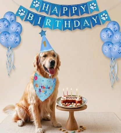 Dog Birthday Party Supplies, Dog Birthday Bandana Set, Blue