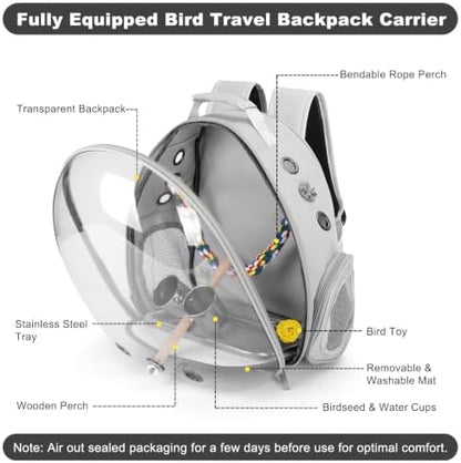 Bird Travel Carrier, Bird Backpack Cage with Rope & Wood Perches Tray Food Bowl, Portable Clear Bubble Window Breathable Mesh Bag for Small Medium Parrots Cockatiel Parakeet Budgies Conures Lovebirds