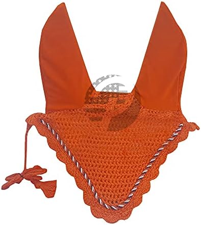 Horse Ear Bonnet Fly Veil Crochet Equestrian with Piping 30 Color Full/COB/Pony (Medium/COB, Orange)