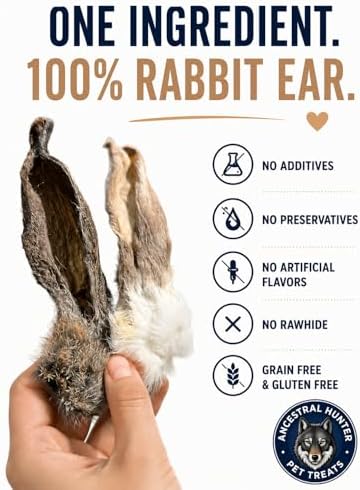 Dehydrated Rabbit Ears for Dogs & Cats - Single Ingredient Dog Treats - USA Sourced Whole Rabbit Ears with Fur for Dogs - Rawhide Alternative - Made in USA (12 Count)