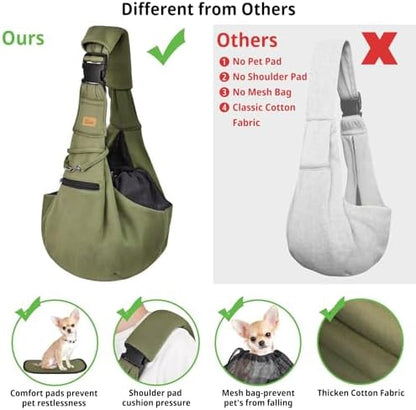 CUBY Adjustable Dog Cat Sling Carrier with Padded Hard Bottom Pet Carrier Sling Soft Carrying Puppy Bag for Small Dogs Cats Outdoor Travel(Green)