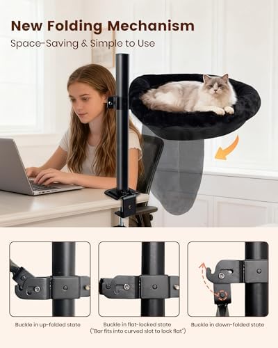 L&W BROS. Cat Desk Bed, 20.5"x18.5" Foldable Clamp-On Desk Cat Hammock for Large Cats, 50lb Capacity Space-Saving Desk Cat Perch with Washable Plush Fleece Cover for Gaming & Office Desk