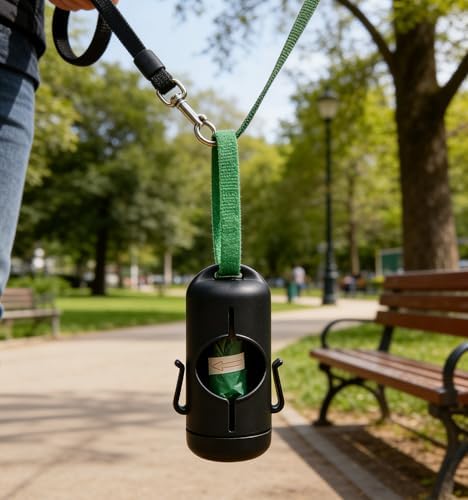 Cylindrical Dog Poop Bag Dispenser with Carrying Strap, Poop Bag Holder for Leash with Side Hooks, Pet Waste Management Solution with Biodegradable Bags (Black)