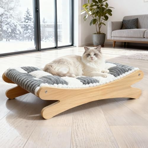 Plush Elevated Cat Bed - Cozy Raised Cat Hammock with Solid Wood Frame, Soft Furry Cushion for Indoor Cats & Small Dogs, Multi-Color Options(Black White)