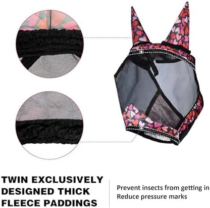 Harrison Howard Pro LumiVista Horse Half Face Fly Mask Large Eye Space with Ears UV Protection for Horse Cute Hearts M
