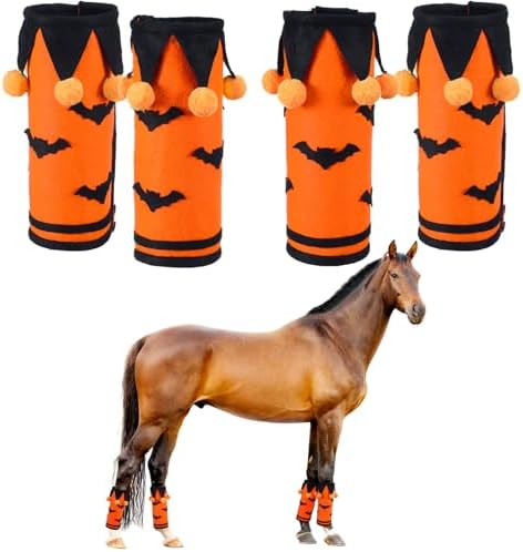 Abbylike 4 Pack Halloween Horse Leg Wraps, Felt Orange and Black Horse Leg Covers with Bat Pattern and Pom Poms, Adjustable Fastener, Comfortable Protection for Parade and Parties