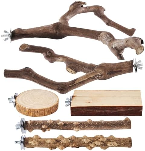 LIMIO 6-Piece Bird Perch Set - Natural Wood Grape Sticks, Paw Grinding Forks, Bird Stand & Toys for Parakeets, Cockatiels, Conure, Budgies