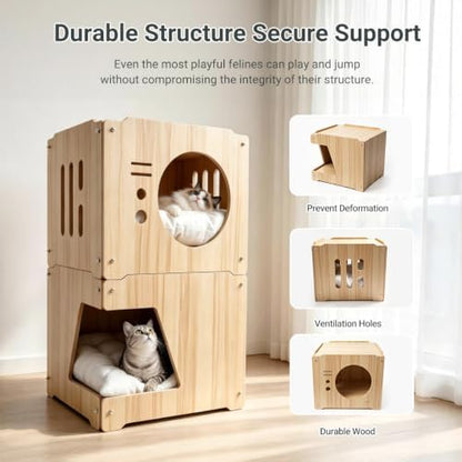 Large 2double-Deck Cat Fort with Mat for Pet Cat Cave for Indoor Cats Cat House for Multi Pet Large Kitten Kitty Cat Bed Wooden Style 15 * 15 * 30 inches(cat shlter 2layer with mat White)