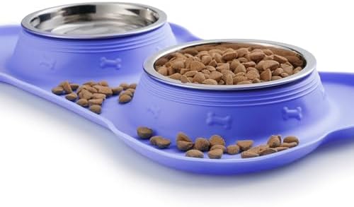 Hubulk Pet Dog Bowls 2 Stainless Steel Dog Bowl with No Spill Non-Skid Silicone Mat + Pet Food Scoop Water and Food Feeder Bowls for Feeding Small Medium Large Dogs Cats Puppies (Small, Purple)