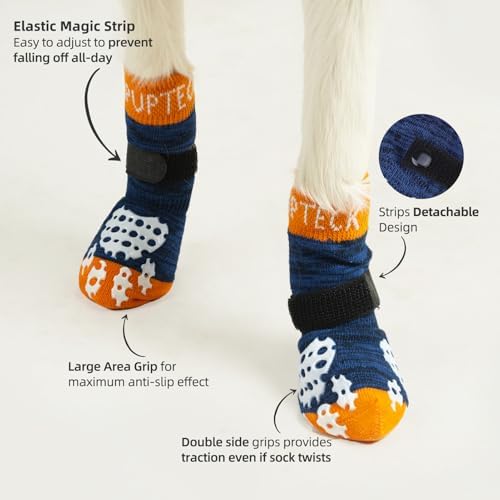 PUPTECK Anti-Slip Dog Socks with Double Sides Grips for Small Medium Large Dogs Hardwood Floors Prevents Licking, Dog Shoes for Hot Pavement Traction Control for Senior Dogs, Dark Blue, XS