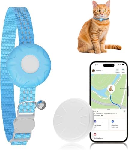 Cat Tracker, GPS Tracker Compatible with Apple Find My App(Only iOS), Waterproof Cat Tracker Collar with Bell and Safety Elastic Buckle, No Monthly Fee, Real-Time Location (Blue)